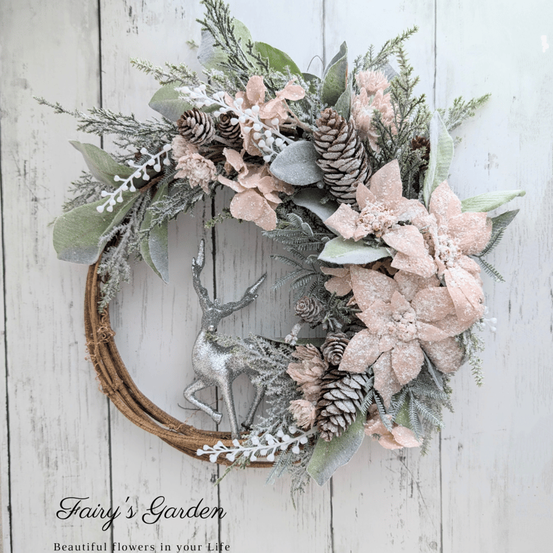 早割】毎年飾れるクリスマスリース 大サイズ38cm ピンクポインセチア  