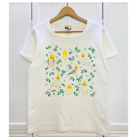 レディースTシャツ☆ボタニカルことりシリーズ☆青花とオカメ