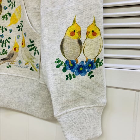 ジップパーカー☆ボタニカルシリーズ☆青花とオカメインコ