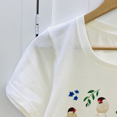 レディースTシャツ☆ボタニカルことりシリーズ☆草花と文鳥