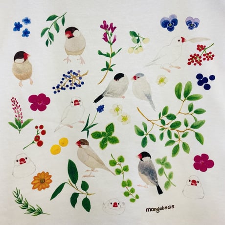 レディースTシャツ☆ボタニカルことりシリーズ☆草花と文鳥