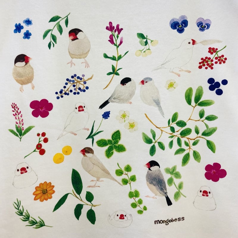 レディースTシャツ☆ボタニカルことりシリーズ☆草花と文鳥 | mongobess