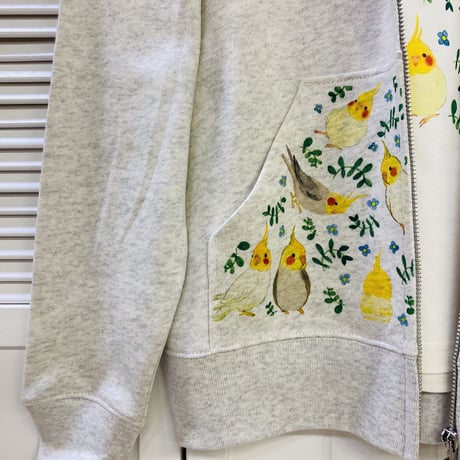 ジップパーカー☆ボタニカルシリーズ☆青花とオカメインコ