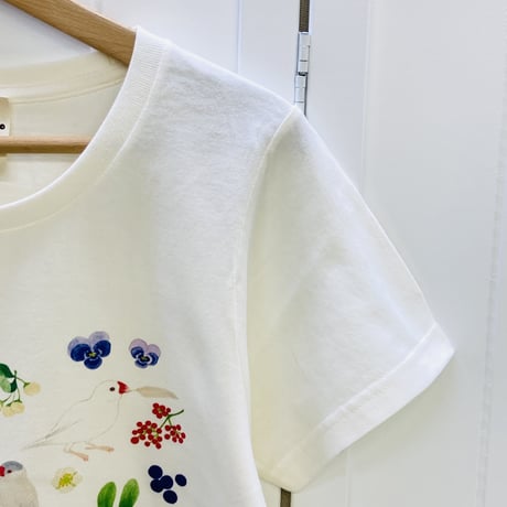 レディースTシャツ☆ボタニカルことりシリーズ☆草花と文鳥