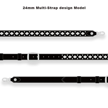 【 24mm Width Hard Leather Guitar Strap / 1Row Dia Pyramid Spots & Rhinestone Design 】