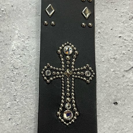 【 42mm Width Hard Leather Guitar Strap / Cross & Side Dia 2Round Spots Design 】