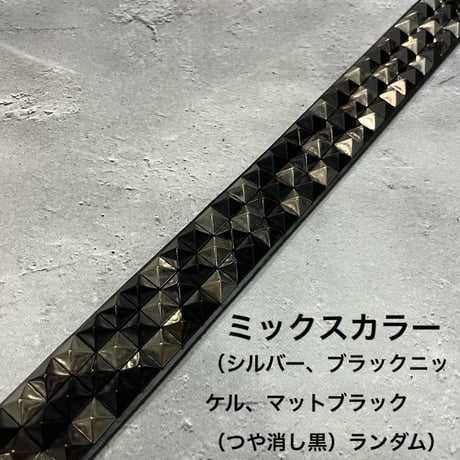【 42mm Width Hard Leather Guitar Strap / 3Row 12mm Pyramid Spots Design 】
