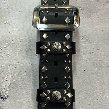 【 42mm Width Hard Leather Guitar Strap / Cross & Side Dia 2Round Spots Design 】