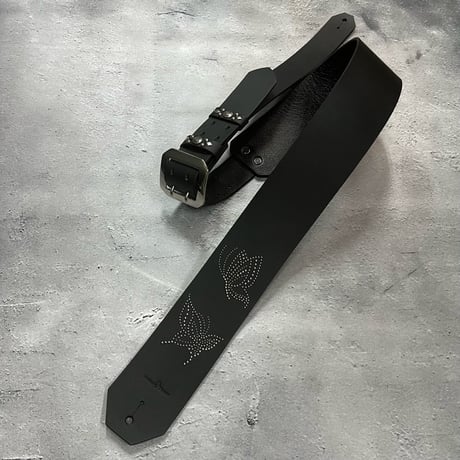 【 70mm Width Hard Leather Guitar Strap / Two Butterflies Spots Design 】