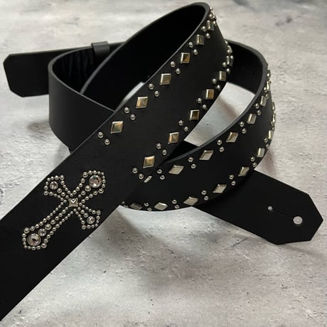 【 42mm Width Hard Leather Guitar Strap / Cross & Side Dia 2Round Spots Design 】