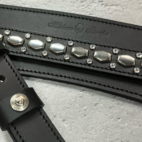 【 24mm Width Hard Leather Guitar Strap / 1Row Hexagon Spots & Rhinestone Design 】