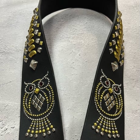 【 60mm Width Hard Leather Guitar Strap / Fusion of Owl & Reptile Spots Design 】（HITSUGI Model）