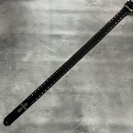 【 42mm Width Hard Leather Guitar Strap / Cross & Side Dia 2Round Spots Design 】