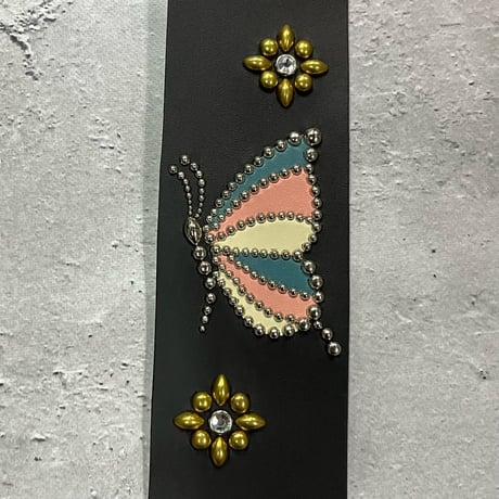 【 60mm Width Hard Leather Guitar Strap / Butterfly & Flower Spots Design 】