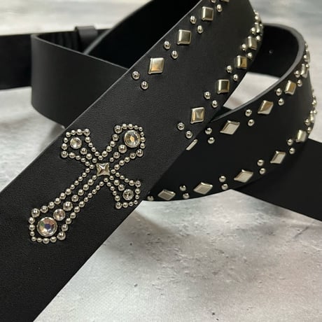 【 42mm Width Hard Leather Guitar Strap / Cross & Side Dia 2Round Spots Design 】
