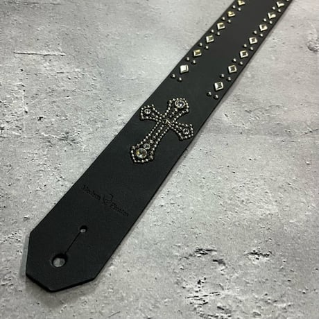 【 42mm Width Hard Leather Guitar Strap / Cross & Side Dia 2Round Spots Design 】