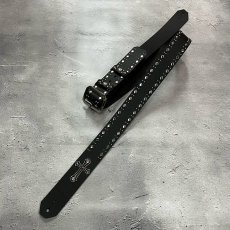 【 42mm Width Hard Leather Guitar Strap / Cross & Side Dia 2Round Spots Design 】