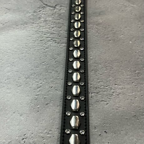 【 24mm Width Hard Leather Guitar Strap / 1Row Hexagon Spots & Rhinestone Design 】