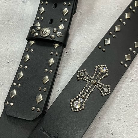 【 42mm Width Hard Leather Guitar Strap / Cross & Side Dia 2Round Spots Design 】
