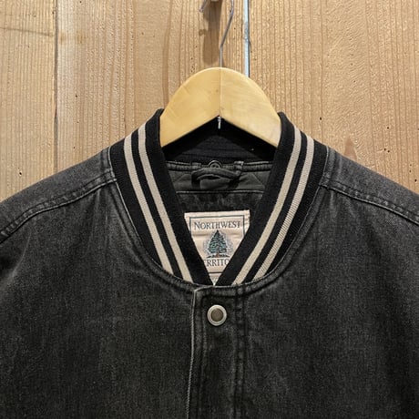 90s- NORTHWEST TERRITORY Black Denim Varsity Jacket