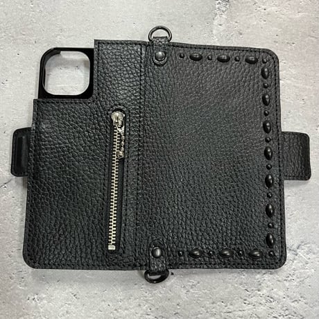 IKUO×MODERN PIRATES Leather iPhone Diary Case / Black Express & Round Spots Design