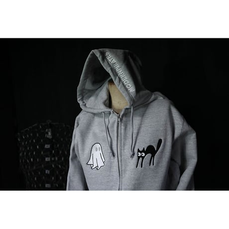 完全受注生産 12.4oz Heavyweight Zip Hoodie / Black Cat & Sheet Ghost Design (刺繍)