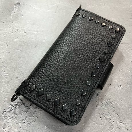 IKUO×MODERN PIRATES Leather Smartphone Wallet Case / Black Diamond Spots Design