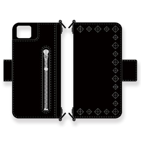 IKUO×MODERN PIRATES Leather iPhone Diary Case / Black Pyramid Spots Design