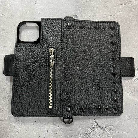 IKUO×MODERN PIRATES Leather iPhone Diary Case / Black Pyramid Spots Design