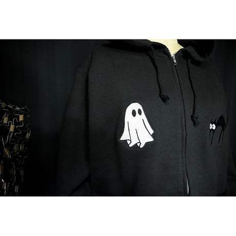 完全受注生産 12.4oz Heavyweight Zip Hoodie / Black Cat & Sheet Ghost Design (刺繍)