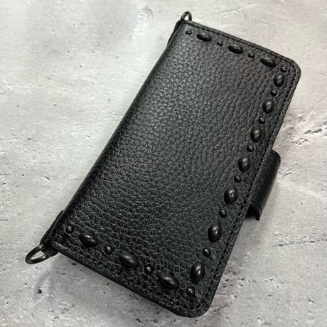 IKUO×MODERN PIRATES Leather iPhone Diary Case / Black Express & Round Spots Design