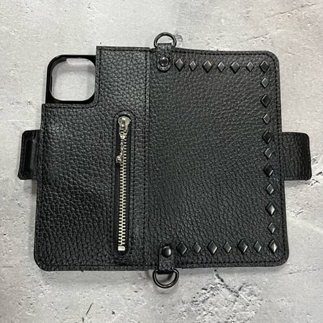 IKUO×MODERN PIRATES Leather iPhone Diary Case / Black Diamond Spots Design