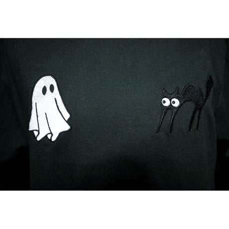 Open-end Max Weight T-shirt / Black Cat & Sheet Ghost Design (刺繍)