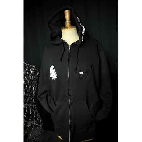 完全受注生産 12.4oz Heavyweight Zip Hoodie / Black Cat & Sheet Ghost Design (刺繍)