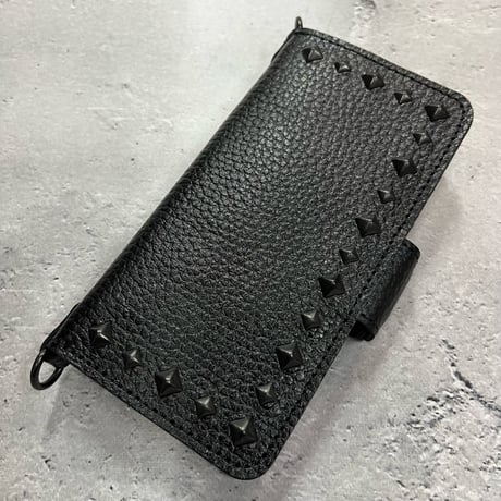 IKUO×MODERN PIRATES Leather iPhone Diary Case / Black Pyramid Spots Design