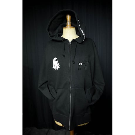 完全受注生産 12.4oz Heavyweight Zip Hoodie / Black Cat & Sheet Ghost Design (刺繍)