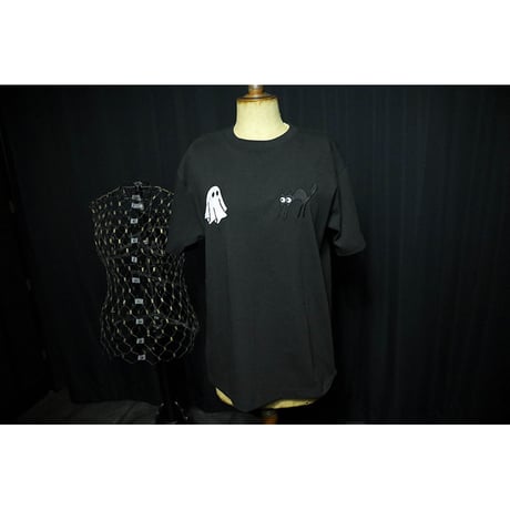Open-end Max Weight T-shirt / Black Cat & Sheet Ghost Design (刺繍)