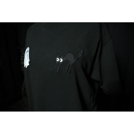 Open-end Max Weight T-shirt / Black Cat & Sheet Ghost Design (刺繍)