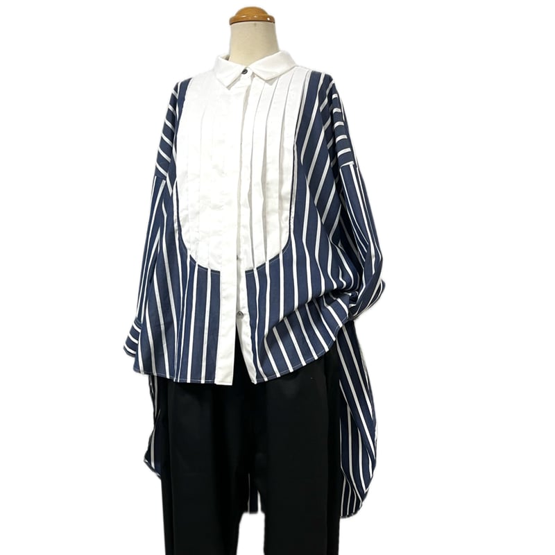 【未使用級】24SS エンフォルド PE ピン ストライプ プリーツ シャツ 紺 未使用級】24SS エンフォルド PE ピン ストライプ プリーツ