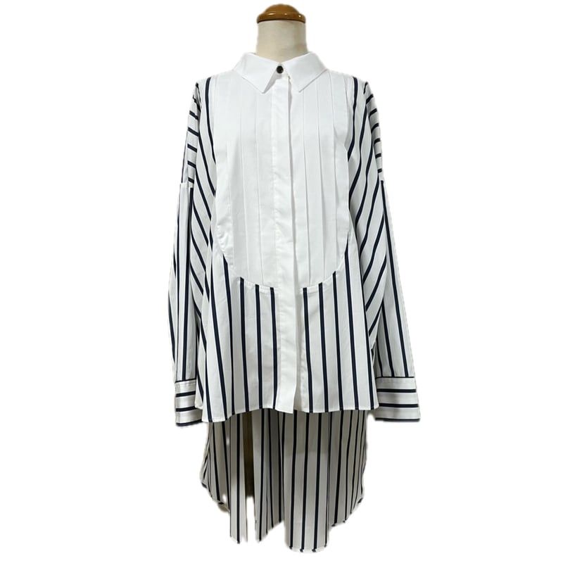 よこ様 シャツ F白 SH-7264 プリーツヨークの前後差シャツ 白ストライプ(020