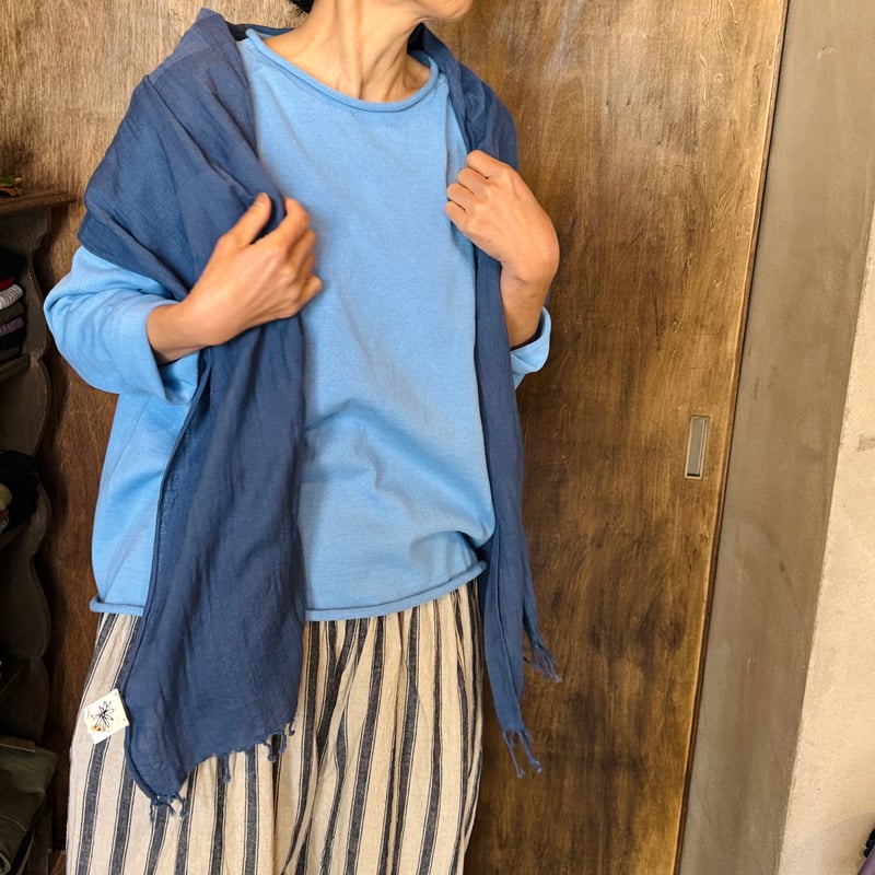 45R インディゴ染め オーバーサイズ 長袖 トップス　FREE SIZE 45Rスーピマオックスのちび襟長袖クッペシャツ（インディゴ
