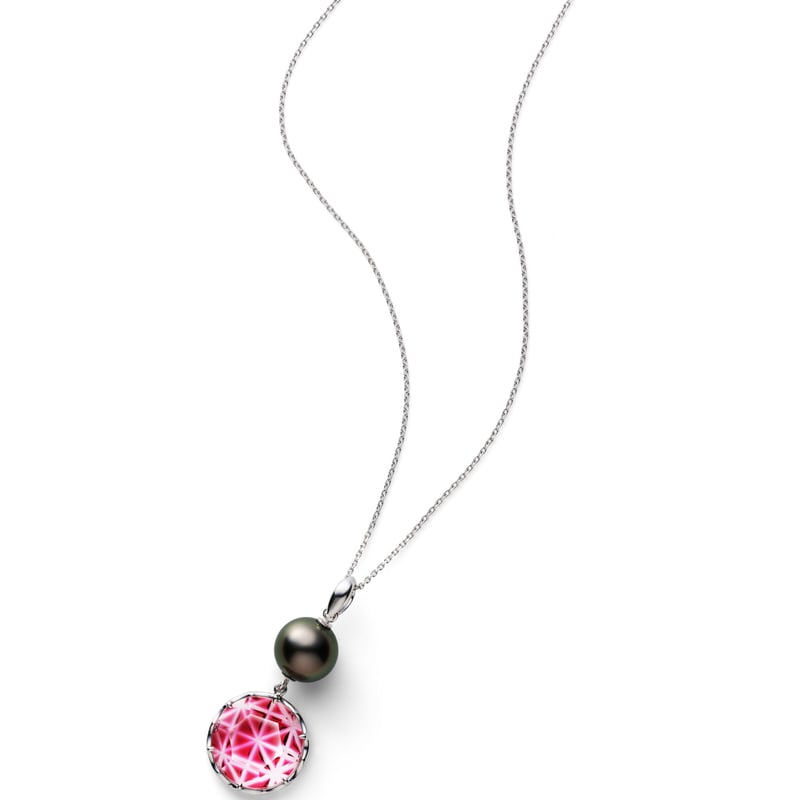 KILIKO JEWELRY（東京切子）ネックレス 麻乃葉 丸 金赤 + 黒蝶パール