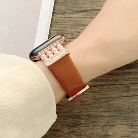 [MO247] ★Apple Watch belt 38mm/40mm/41mm/42mm/44mm/45㎜ ★ アップルウォッチ 替えベルト フェイクパール ラインストーン レザー 異素材ミックス