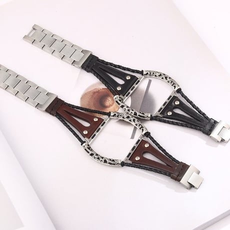 [MO120] ★Apple Watch belt 38mm/41mm/42mm/40mm/44mm/45mm★ アップルウォッチ 替えベルト レザー×ステンレススチール 民族調 切り替えデザイン