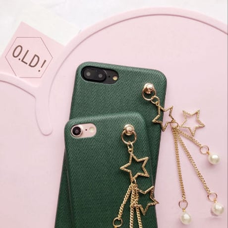 [KS046]★ iPhone 6Plus / 7 / 7Plus ★ シェル型 ケース 星 ＆ パール チャーム 大人 かわいい シック グリーン ヘリンボーン 柄 iPhoneケース