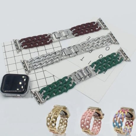 [MO224] ★Apple Watch belt 38mm/40mm/42㎜/44mm ★ アップルウォッチ 替えベルト 2連チェーン ブレスレット クリア マット メタル ポップ