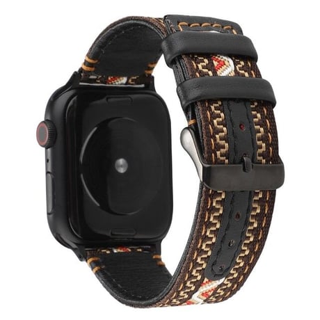 [MO236] ★Apple Watch belt 38mm/40mm/42mm/44mm ★ アップルウォッチ 替えベルト 刺繍 民族調 エスニック レザー ヴィンテージ風