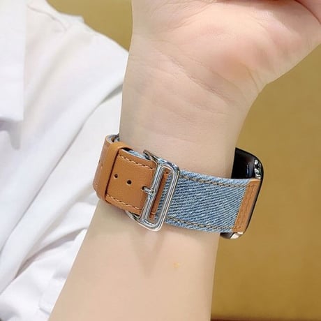 [MO062] ★Apple Watch belt 38mm/41mm/42mm/40mm/44mm/45mm★ アップルウォッチ 替えバンド デニム＆レザー 異素材MIX ハイブリット