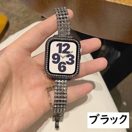 [MO136] ★Apple Watch belt 38mm/41mm/42mm/40mm/44mm/45mm★ アップルウォッチ バンパーケース+替えベルト セット 4列ラインストーン ブレスレット