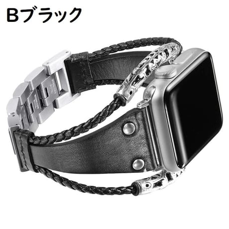 [MO120] ★Apple Watch belt 38mm/41mm/42mm/40mm/44mm/45mm★ アップルウォッチ 替えベルト レザー×ステンレススチール 民族調 切り替えデザイン
